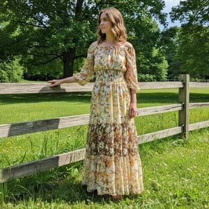 Elegant Asymmetrical Floral Dress in Yellow and Brown